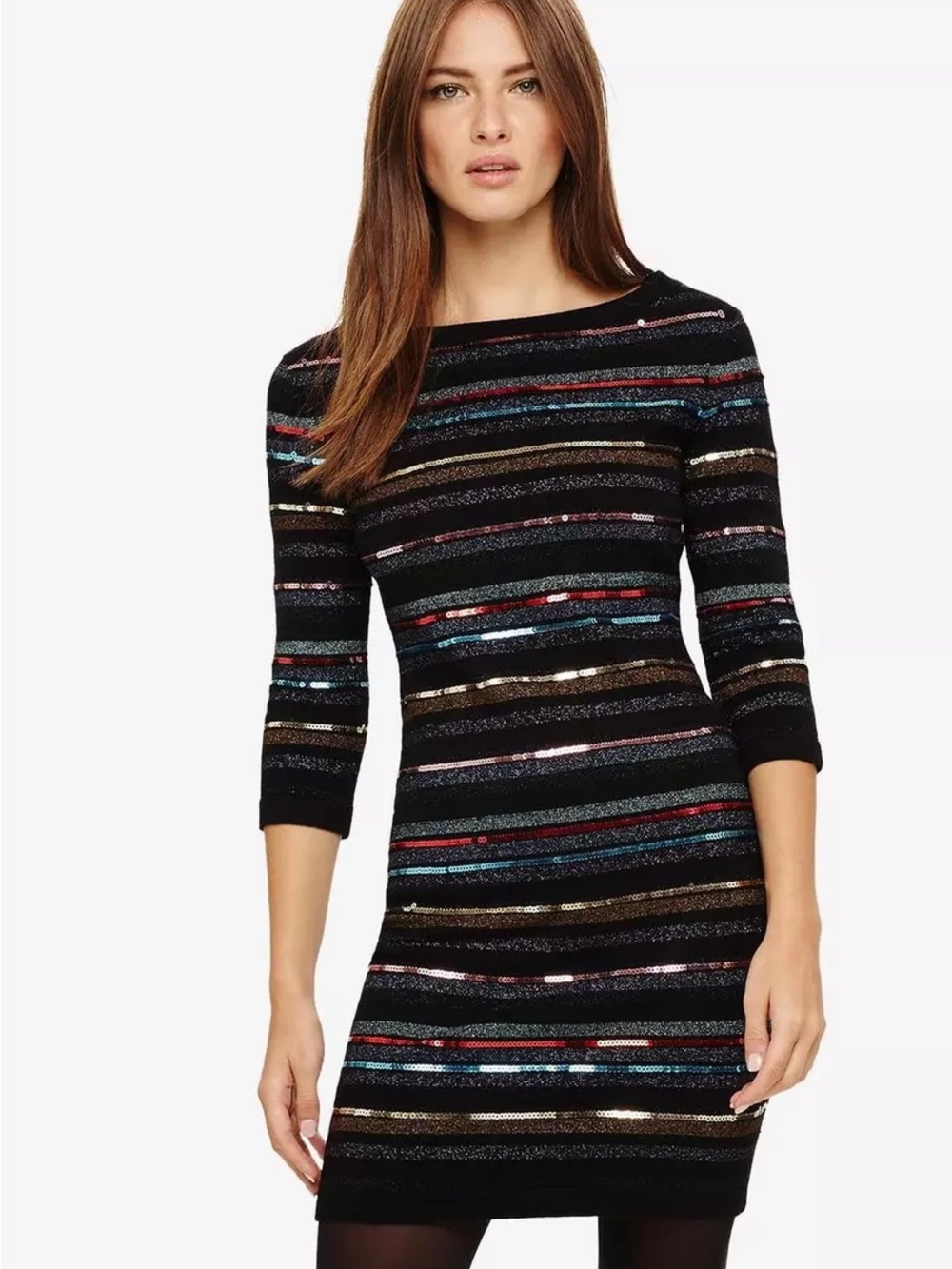 Phase Eight Black Sequin Striped Midi Dress in Multicolor Sparkle